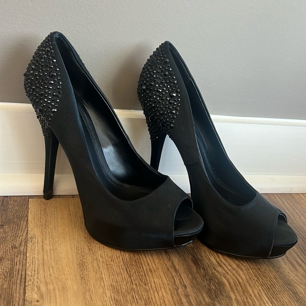 Aldo - Rhinestone Peep-Toe Pump Stiletto Heels - Black - Sz 38